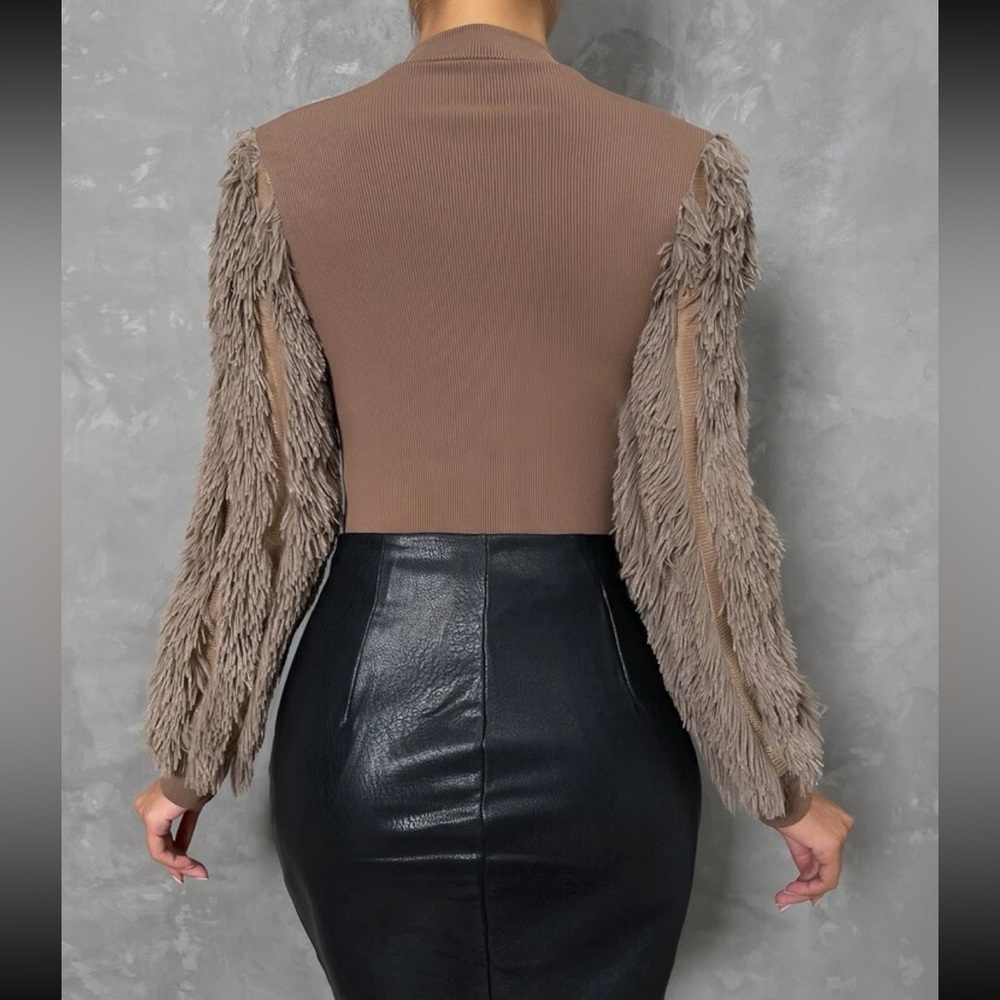 Cozy Faux Fur Fuzzy Long Puff Cuff Sleeve Mock Neck Top Blouse Shirt Black - Picture 12 of 16
